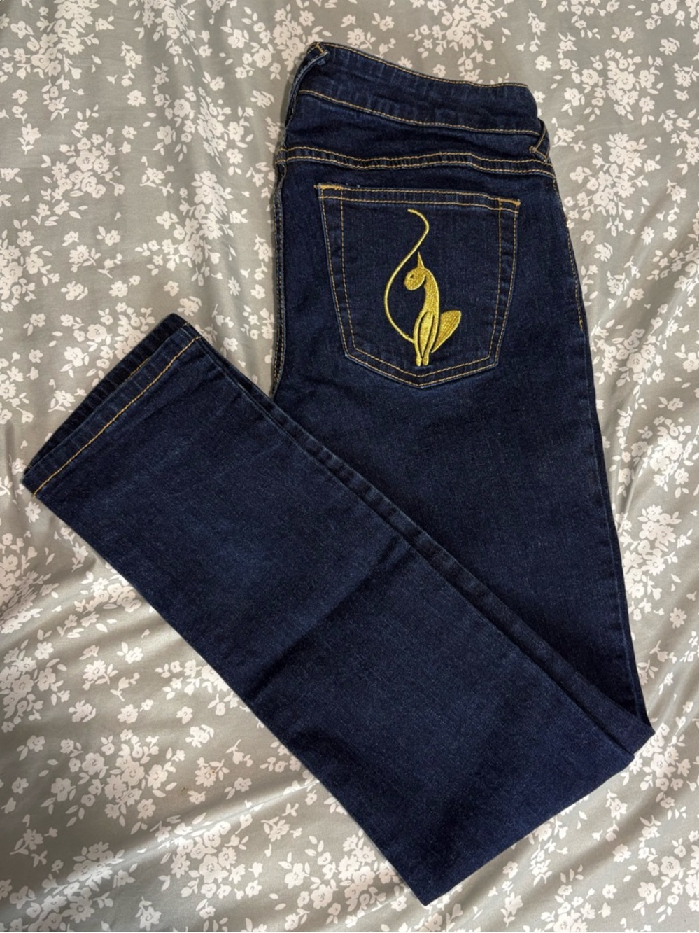 Vintage Y2K Baby Phat Jeans Size 5 Dark Wash Gold Cat Logo Embroidered Denim